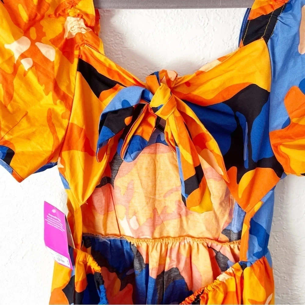 Tabitha Brown Dress Women's 14 Orange Blue Floral Back Cut Out Midi NWT - Picture 6 of 10